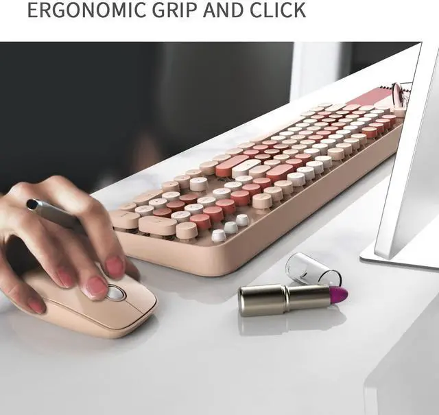 Alt view image 3 of 5 - Wireless Keyboard Mouse Combo, 2.4GHz Typewriter Keyboard Wireless with 104 Cute Colorful Retro Round Keys, Letton Full Size Wireless Keyboard Mouse with 3 DPI for Computer PC Laptop-Brown