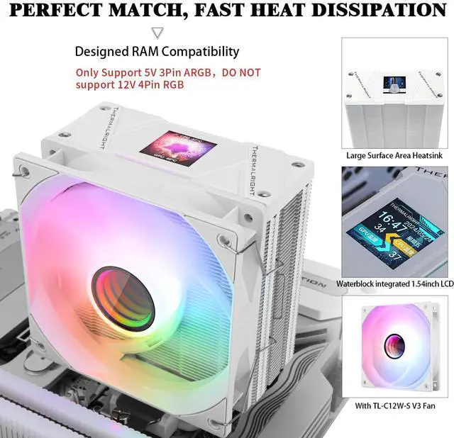 Alt view image 4 of 5 - Thermalright Assassin Spirit 120 Vision ARGB White,with White Top Cover,CPU Air Cooler, PC Cooling, 240 * 240 Resolving Power IPS LCD Screen,Editable,with 1.54in for Intel lga1851/1700/115X,AM4/AM5