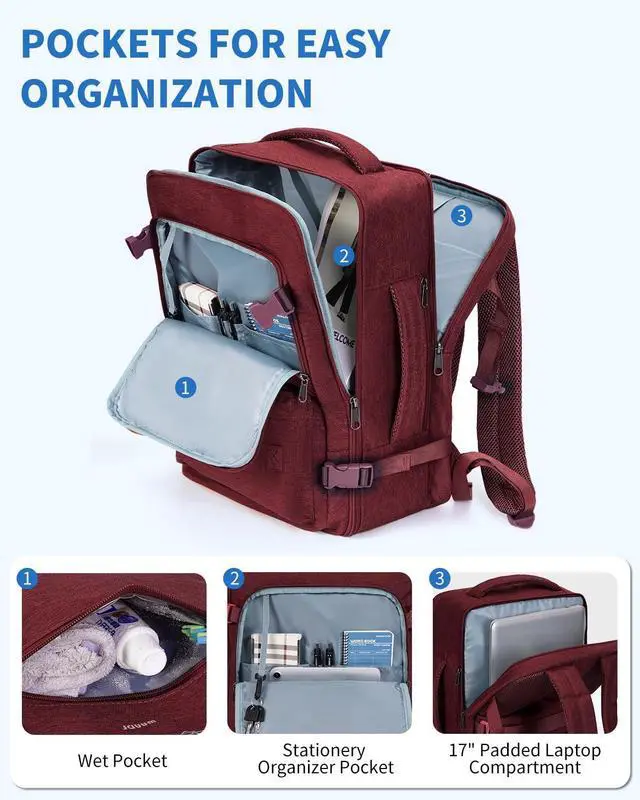 Alt view image 3 of 5 - WANDF Travel Backpack For Spirit Airlines Personal Item Bag 18x14x8 with Wet Pocket, 17 Inch Laptop Backpack for Men Women (Red)