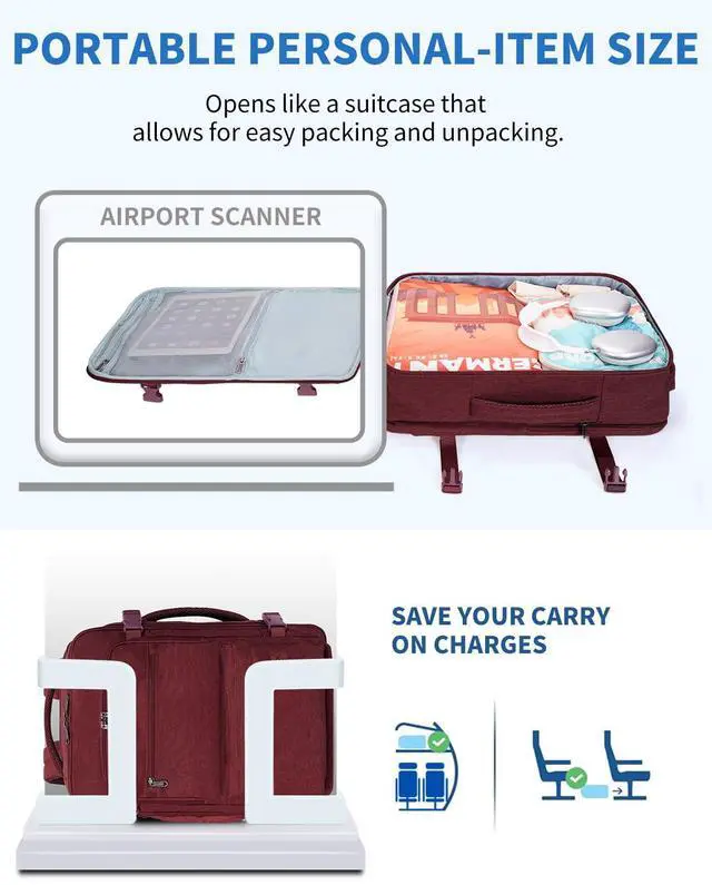 Alt view image 2 of 5 - WANDF Travel Backpack For Spirit Airlines Personal Item Bag 18x14x8 with Wet Pocket, 17 Inch Laptop Backpack for Men Women (Red)