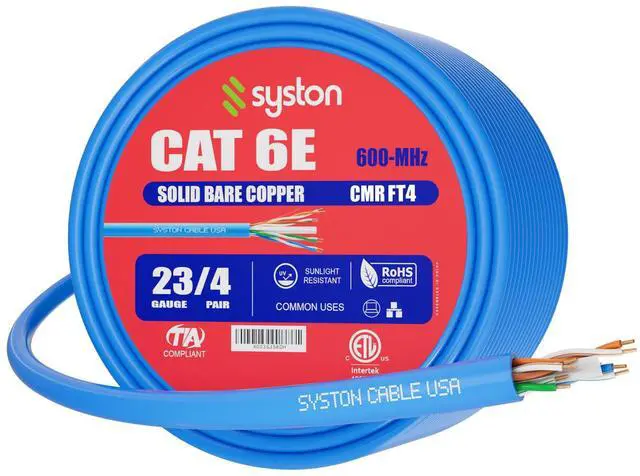 Main image of Syston Cable Technology Cat 6E Ethernet Network Cable - 250 FT600MHz 23AWG Solid Bare Copper Wire Outdoor/Indoor, Bulk No Ends 10 Ft to 1000 Ft Available, Heat Resistant Riser Rated - CMR
