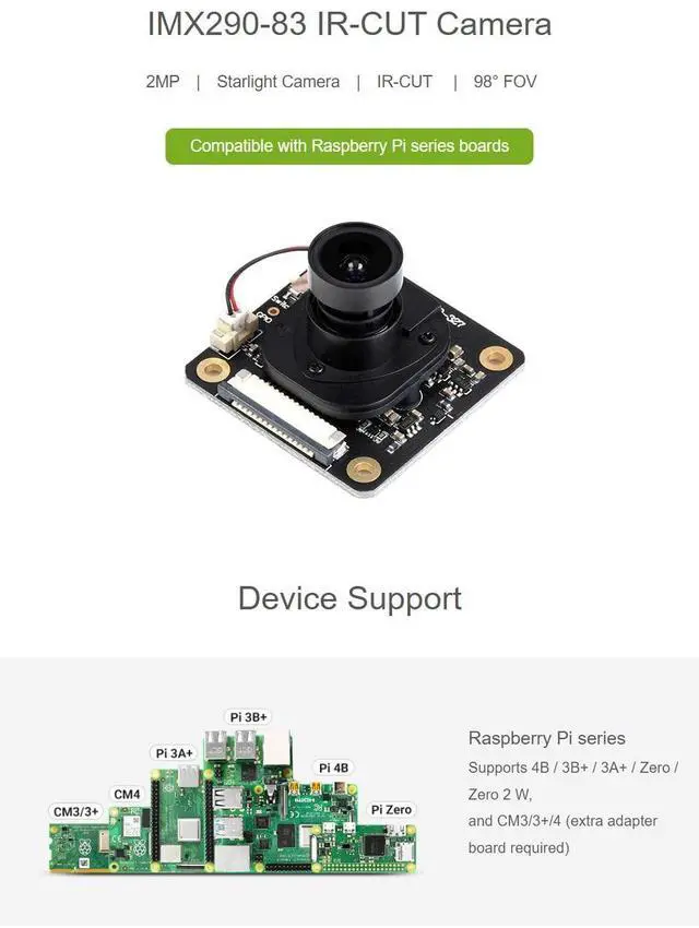 Alt view image 3 of 5 - Waveshare IMX290-83 IR-Cut Camera Module Compatible with Raspberry Pi Embedded IR-Cut Supports Night Vision Supports All Revisions of The Pi 5 Megapixel OV5647 Sensor