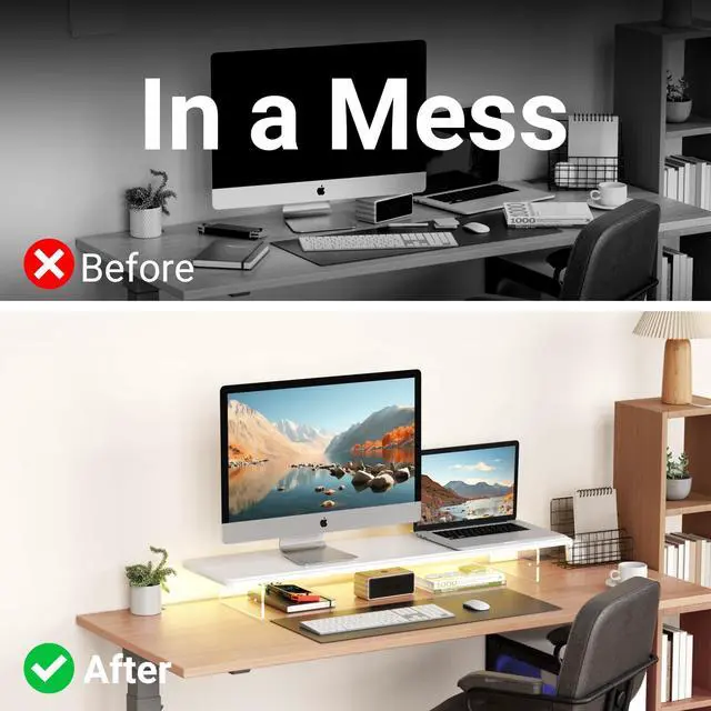 Alt view image 5 of 5 - AFOOYO Monitor Stand Riser,31.5-Inch LED Light Wood Computer Monitor Stand with Adjustable Acrylic Legs,Desk Accessories Desktop Organizer Stand for Computer,Laptop,Printer,PC TV Screen Riser,White