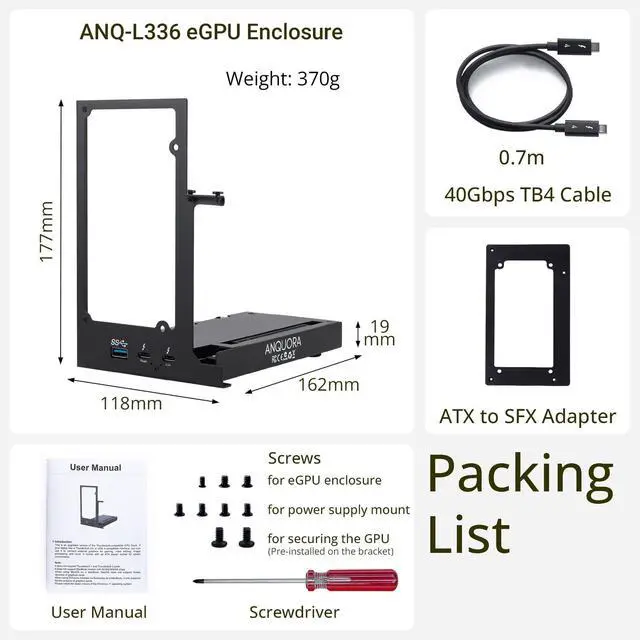 Alt view image 5 of 5 - ANQUORA ANQ-L336 Mini eGPU Enclosure 40Gbps Thunderbolt3/4 USB4 for Laptop Compatible with Win/Linux/MacOS/ROG Ally X/Claw 8, PCIe External GPU Dock with PD 85W, Support NVIDIA/AMD, DC/ATX/SFX/Flex
