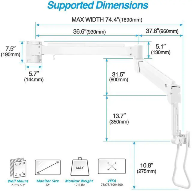 Alt view image 2 of 5 - AVLT Medical Grade 17.6 lbs Monitor Wall Mount - Mounts Ultrawide Monitor on 74" Long Extension Full Motion Height Adjustable Arm - for Healthcare and Maintenance Area