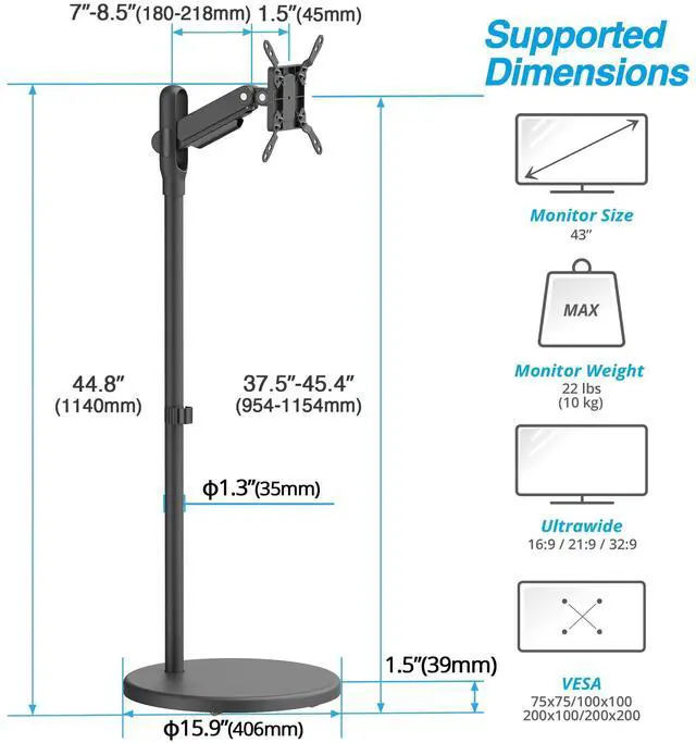 Alt view image 3 of 5 - AVLT Single 17"-43" Inch Portable Monitor Arm TV Rolling Stand With Heavy Base for Screens Up to 22 lbs, Mechanical Spring Height Adjustment, Screen Rotation, Low Profile Base with Caster Wheel, Black
