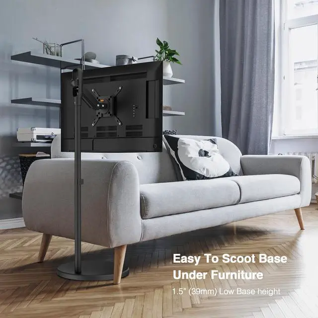 Alt view image 2 of 5 - AVLT Single 17"-43" Inch Portable Monitor Arm TV Rolling Stand With Heavy Base for Screens Up to 22 lbs, Mechanical Spring Height Adjustment, Screen Rotation, Low Profile Base with Caster Wheel, Black