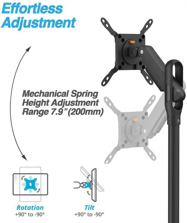 Alt view image 4 of 5 - AVLT Single 17"-43" Inch Portable Monitor Arm TV Rolling Stand With Heavy Base for Screens Up to 22 lbs, Mechanical Spring Height Adjustment, Screen Rotation, Low Profile Base with Caster Wheel, Black