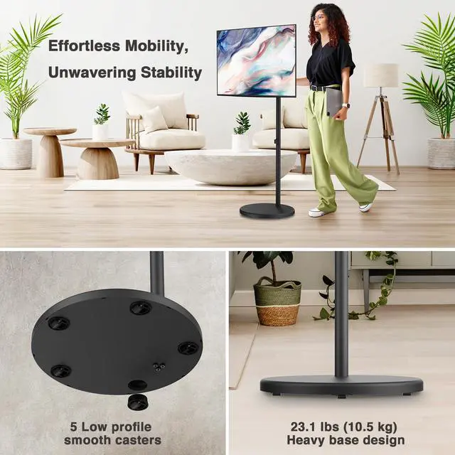 Alt view image 5 of 5 - AVLT Single 17"-43" Inch Portable Monitor Arm TV Rolling Stand With Heavy Base for Screens Up to 22 lbs, Mechanical Spring Height Adjustment, Screen Rotation, Low Profile Base with Caster Wheel, Black