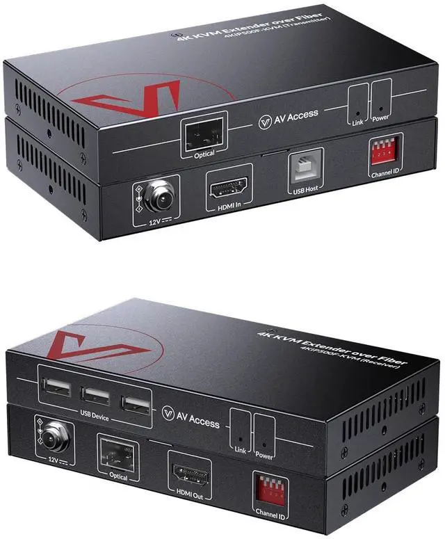 Main image of AV Access 4K HDMI Fiber KVM Extender Over IP, up to 550m/1800ft, Zero Latency, 3xUSB 2.0 Ports, Remote Keyboard Mouse USB Control Over Fiber Optic, Ideal for Remote PC Control in Server Room