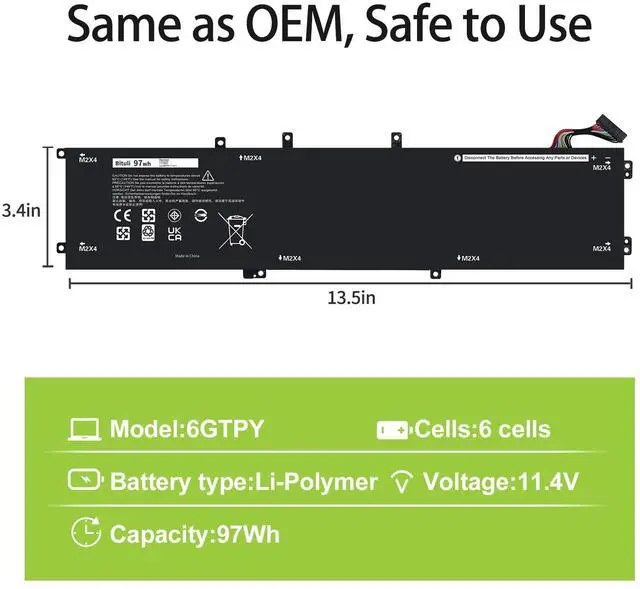 Alt view image 2 of 5 - Bituli 6GTPY Battery for Dell XPS 15-9560 15-9550 15-9570 15-7590 Precision 5520 5530 5540 5510 Vostro 7500 4GVGH 1P6KD 5XJ28 GPM03 P56F, 6GTPY Battery 97Wh Replacement for Dell XPS 9560 97Wh 11.4V