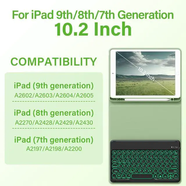 Alt view image 2 of 5 - BQDIYOO Keyboard Case for iPad 9th/8th/7th Generation(2021/2020/2019) Detachable Wireless Bluetooth Keyboard Case for 10.2 inch iPad 9/8/7 Cover with Pencil Holder Auto Wake/Sleep, Lighte Green