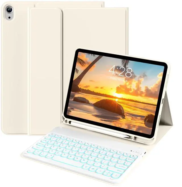 Main image of BQDIYOO for iPad 11th 10th Generation Case with Keyboard 2025 2022, 11 inch A16/10.9" 7 Color Backlit Wireless Detachable Keyboard Case with Pencil Holder, Auto Sleep/Wake Tablet Cover, Cream White