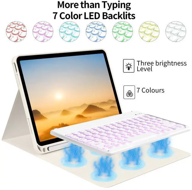 Alt view image 4 of 5 - BQDIYOO for iPad 11th 10th Generation Case with Keyboard 2025 2022, 11 inch A16/10.9" 7 Color Backlit Wireless Detachable Keyboard Case with Pencil Holder, Auto Sleep/Wake Tablet Cover, Cream White