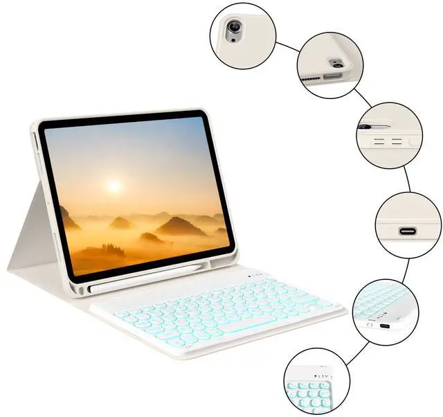 Alt view image 5 of 5 - BQDIYOO for iPad 11th 10th Generation Case with Keyboard 2025 2022, 11 inch A16/10.9" 7 Color Backlit Wireless Detachable Keyboard Case with Pencil Holder, Auto Sleep/Wake Tablet Cover, Cream White