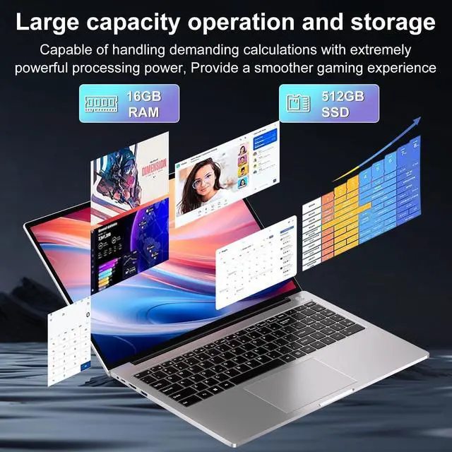 Alt view image 2 of 5 - bvate 16" Traditional Laptop 16GB+512GB SSD Expand Up to 1TB SSD Core i3 Processor Up to 3.2Ghz Win 11 WiFi 6 PC with Type-C Webcam Numeric Keypad Ultra-Narrow Border 2K Display for Gaming-Silver