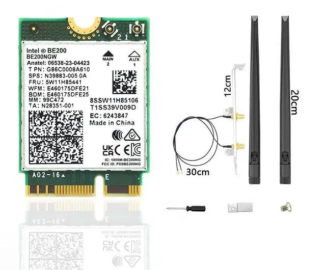 Main image of WiFi 7 BE200 NGW Wireless Card, Tri-Band 6GHz/5GHz/2.4GHz M.2 NGFF Bluetooth 5.4, Includes Ipex Cable, 8dBi Antennas and Brackets Support Windows 10/11(64 bit)/Linux, Not Support AMD. (with Antennas)