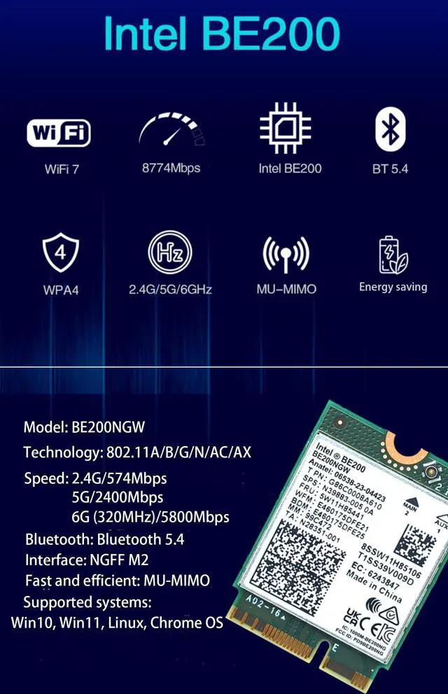Alt view image 4 of 5 - WiFi 7 BE200 NGW Wireless Card, Tri-Band 6GHz/5GHz/2.4GHz M.2 NGFF Bluetooth 5.4, Includes Ipex Cable, 8dBi Antennas and Brackets Support Windows 10/11(64 bit)/Linux, Not Support AMD. (with Antennas)