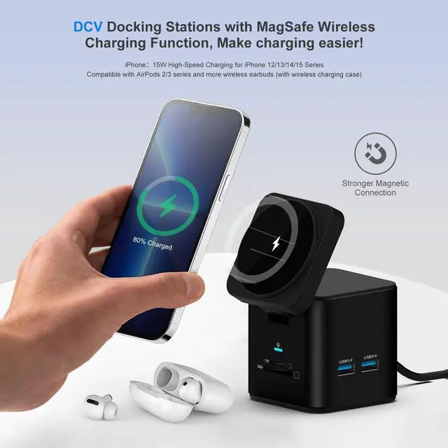 Alt view image 2 of 5 - USB C Laptop Docking Station with MagSafe Charger Stand, 9 in 1 USB C Hub Multiport Adapter with 4K HDMI, 1Gbps Ethernet, 3 USB 3.0, SD/TF, Compatible with MacBook/Dell/HP/Lenovo/iPhone (Black)