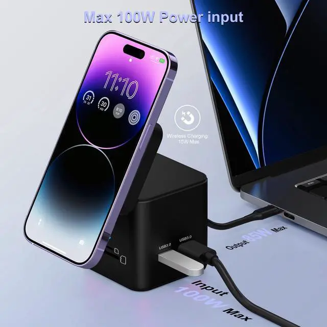 Alt view image 5 of 5 - USB C Laptop Docking Station with MagSafe Charger Stand, 9 in 1 USB C Hub Multiport Adapter with 4K HDMI, 1Gbps Ethernet, 3 USB 3.0, SD/TF, Compatible with MacBook/Dell/HP/Lenovo/iPhone (Black)