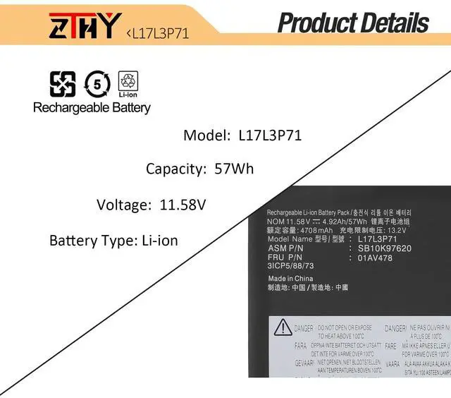Alt view image 3 of 5 - L17L3P71 L17M3P72 Laptop Battery Replacement for Lenovo ThinkPad T480S Ultrabook 20L7 20L8 Series L17M3P71 L17S3P71 01AV478 01AV479 01AV480 SB10K97620 SB10K97621 SB10K97622 20L8S02E00 20L7001VPB 57Wh