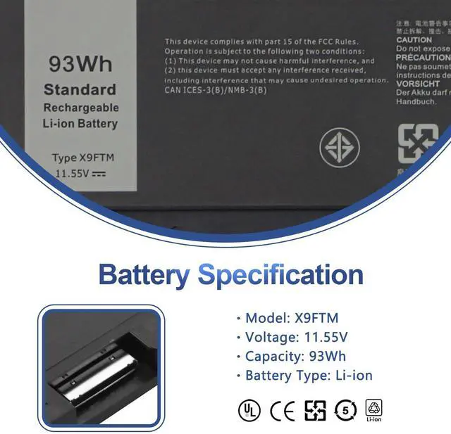 Alt view image 2 of 5 - 93Wh X9FTM Laptop Battery for Dell Precision 7670 7680 7770 7780 Mobile Workstation Series P114F P114F001 P114F002 P115F P115F001 P115F002 5JMD8 965V4 05JMD8 0965V4 0X9FTM 11.55V 6-Cell Battery