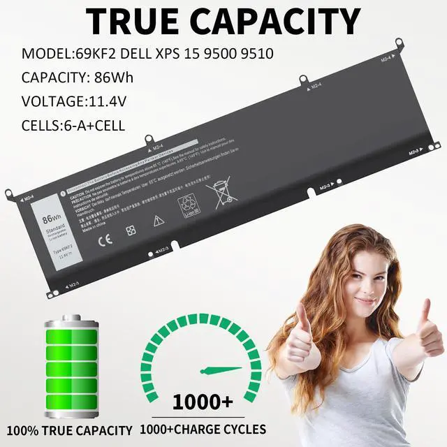 Alt view image 2 of 5 - New 86Wh 69KF2 Battery Replacement for Dell G7 15 7500 G15 5510 5511 5515 5520 5521 XPS 15 9500 9510 9520 Precision 5550 5560 5570 Alienware M15 R3 R4 M17 R3 R4 Inspiron 7510 7610 7620 P87F P91F P45E