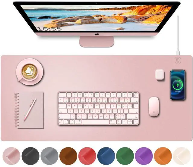 Main image of Desk Mat with Wireless Charging, Pink Mouse Pad with Wireless Charger, Desk Pad Matt for Desktop, Mousepad Gaming Large Mouse Pad, Leather Compute for Keyboard and Mouse, 32" x 16"