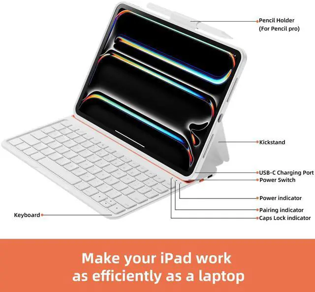 Alt view image 5 of 5 - Case with Keyboard Compatible for iPad Pro 11 inch(M4, 2024): Bluetooth Wireless Magnetic Stand Rechargeable Keyboard with Pencil Holder (Light White)