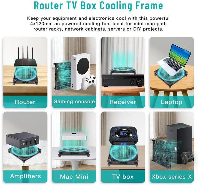 Alt view image 3 of 5 - Qirssyn Router Laptop Cooling pad 4X 120mm Computer Fan with AC Plug Variable Speed Fan for DIY Electronics TV Box Cabinet Computer Game Equipment Cooing