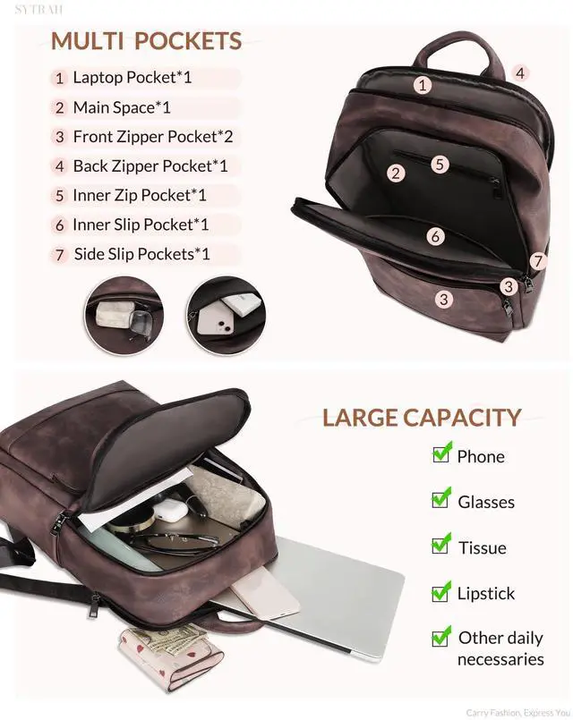 Alt view image 4 of 5 - SYTRAH Leather Backpack for Women, Vintage 15.6 inch Laptop Backpack Purse for Women, College Casual Backpacks Ladies Computer Bags for Travel Business Work Mocha Coffee