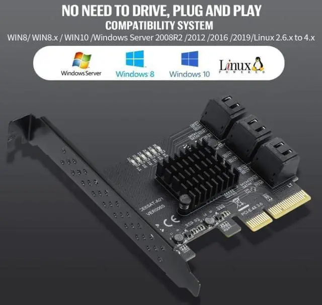 Alt view image 2 of 5 - YBBOTT 6 Port Card with 6 SATA Cables PCI Express 4X Sata Controller PCI Expansion Card 3.0 6Gbps Hard Drive Adapter Supports WIN/10/8/7/XP/LINUX