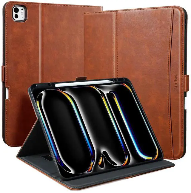 Main image of Zinibri Handcrafted Case for iPad Pro 11 Inch 2024 M4 A2836 A2837 with Pencil Holder & Hand Strap & Pocket PU Leather Stand Protective Folio Cover Compatible with iPad Pro 11 2024 (5th Gen),Brown