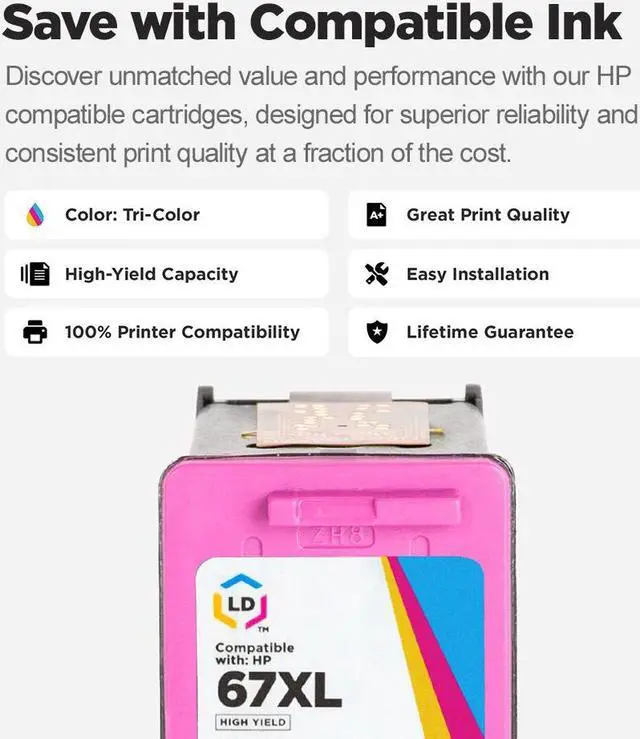 Alt view image 6 of 7 - LD Products Remanufactured Ink Cartridge Replacement for HP 67XL 3YM58AN High Yield (Color)