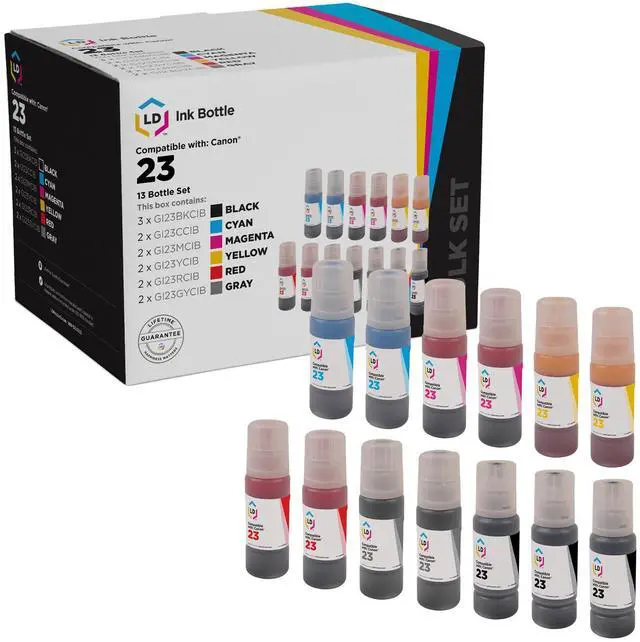 Main image of LD Products Compatible Ink Bottle Replacements for Canon 23 GI-23 (3 Black, 2 Cyan, 2 Magenta, 2 Yellow, 2 Red, 2 Gray, 13-Pack)