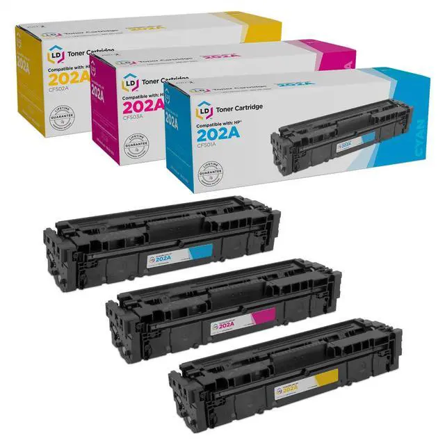 Main image of LD Products Compatible Toner Cartridge Replacement for HP 202A (CF501A Cyan, CF503A Magenta, CF502A Yellow, 3-Pack) for use in Color LaserJet M254dw, M281cdw, M281dw, M281fdw