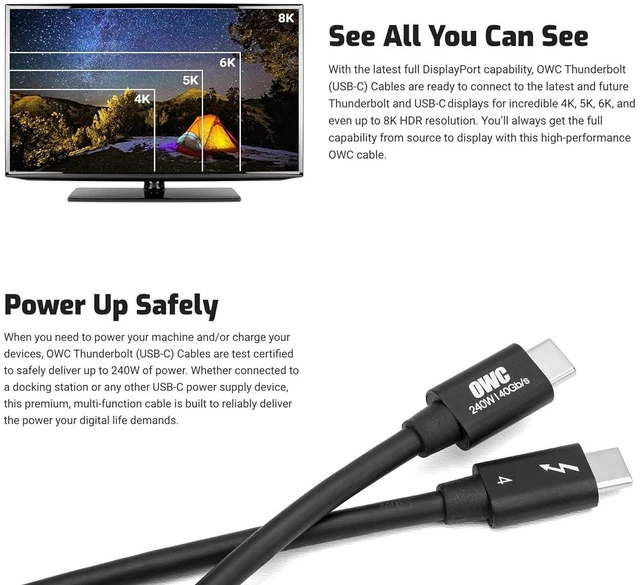 Alt view image 6 of 6 - OWC Thunderbolt 4 Cable, Thunderbolt Certified, 0.7 Meter (2.3 ft.), 40 Gb/s Data Transfer, 240W Power Charging, Compatible with Thunderbolt 4, Thunderbolt 3, USB-C, and USB4 Devices, Black