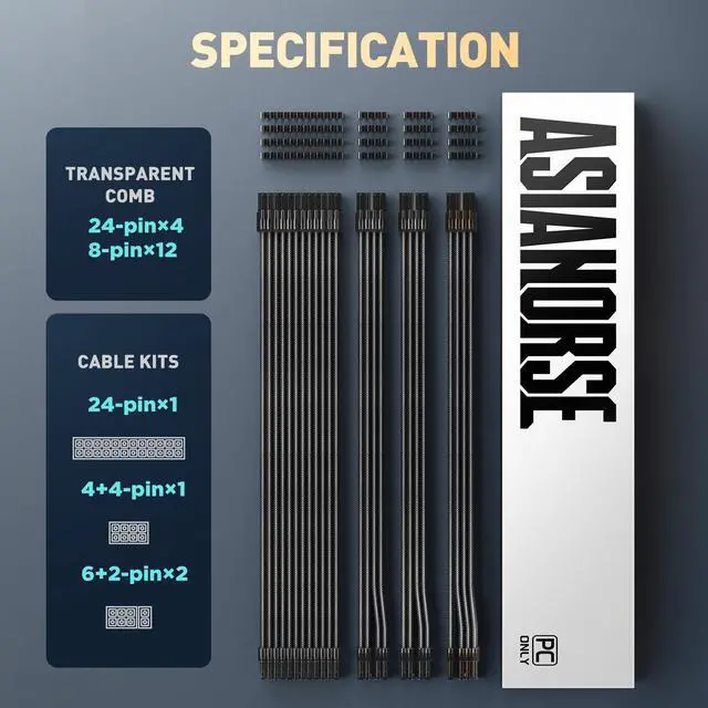 Alt view image 2 of 5 - AsiaHorse 16AWG PSU Cable Extension Kit, Sleeved Custom Mod GPU PC Audio Video Power Supply Soft Braided Cables with Comb Kit, 24P/8P to 6+2P/ 8P to 4+4P 30CM