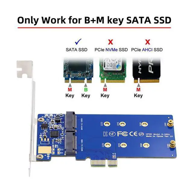 Alt view image 5 of 5 - Cablecc NGFF Key B+M Dual SATA SSD to PCI-E 1x Motherboard Desktop Adapter Converter SSD Card JMB582 2280