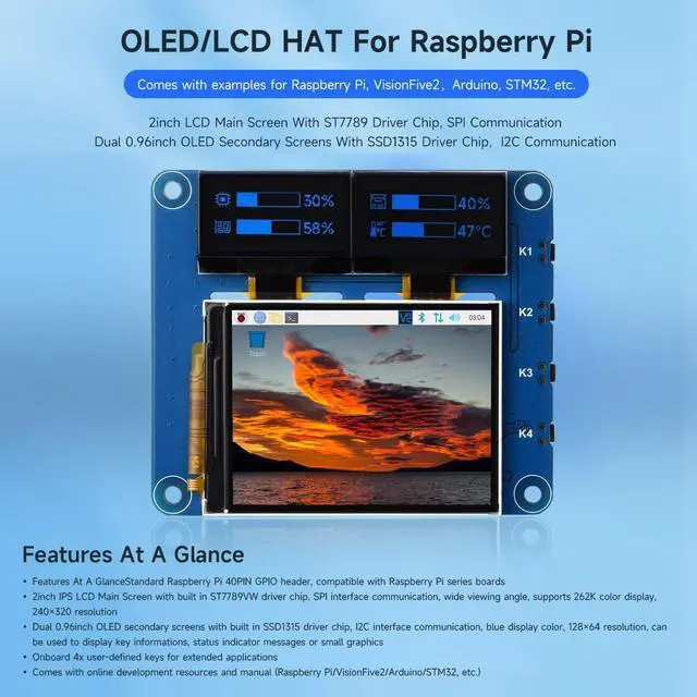 Alt view image 3 of 5 - Waveshare OLED/LCD HAT, Onboard 2inch IPS LCD Main Screen and Dual 0.96inch Blue OLED Secondary Screens, with 40PIN GPIO Header, Compatible with Raspberry Pi Series Boards