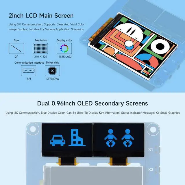 Alt view image 4 of 5 - Waveshare OLED/LCD HAT, Onboard 2inch IPS LCD Main Screen and Dual 0.96inch Blue OLED Secondary Screens, with 40PIN GPIO Header, Compatible with Raspberry Pi Series Boards