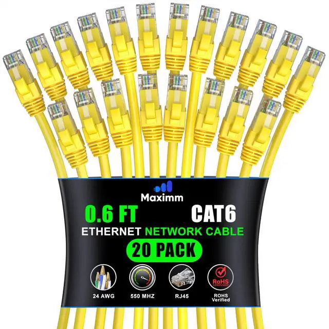 Main image of Maximm Cat 6 Ethernet Cable 0.6 ft (20-Pack) - High-Speed LAN Cable, Internet Cable, Patch Cable, and Network Cable - UTP, 10Gbps, 550MHz Ethernet Cord - Yellow