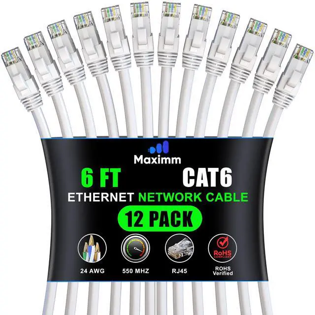 Main image of Maximm Cat 6 Ethernet Cable 6 Ft, (12-Pack) Cat6 Cable, LAN Cable, Internet Cable, Patch Cable and Network Cable - UTP (White) 6 Feet ethernet Cord
