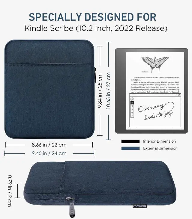 Alt view image 2 of 5 - Moko Kindle Sleeve Compatible with Kindle Scribe 10.2 inch (2024 and 2022 Release), Protective Pouch Bag Case Cover with Dual Pockets and Pen Holder, Scratch-Resistant Soft Fluffy Lining, Indigo