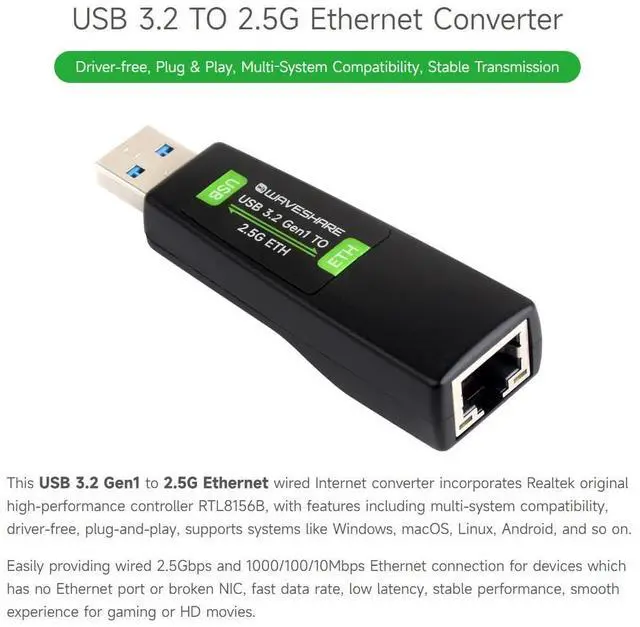 Alt view image 3 of 5 - Waveshare USB to 2.5G Ethernet Port Converter, High-Speed Networking, No Driver Required 2.5G USB Ethernet Adapter, Compatible with Raspberry Pi 5/Jetson Nano/PC and Windows/MacOS/Linux/Android System