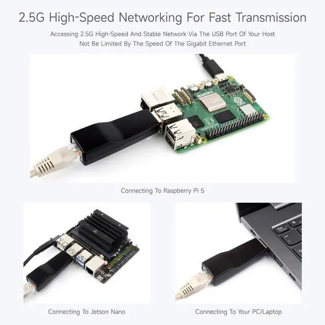 Alt view image 5 of 5 - Waveshare USB to 2.5G Ethernet Port Converter, High-Speed Networking, No Driver Required 2.5G USB Ethernet Adapter, Compatible with Raspberry Pi 5/Jetson Nano/PC and Windows/MacOS/Linux/Android System