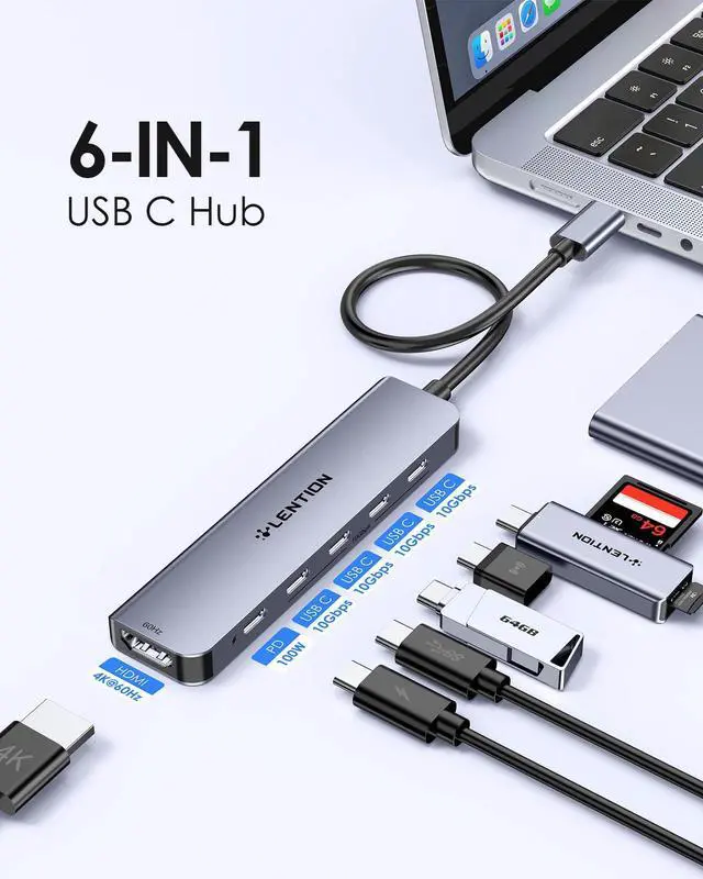 Alt view image 2 of 5 - LENTION 6-in-1 USB C Hub Dock with 4K @60HZ HDMI Display, 4 USB-C Ports (USB 3.2 Gen 2, 10 Gbps), PD 100W Charging and for iPhone15 Series, New MacBook Pro, Mac Air, More (CE33, Space Gray)