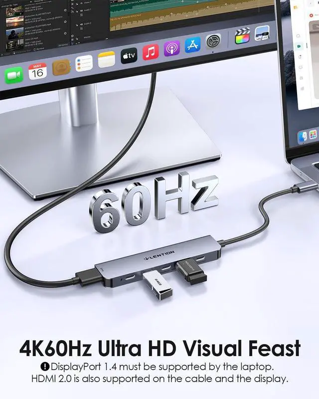 Alt view image 5 of 5 - LENTION 6-in-1 USB C Hub Dock with 4K @60HZ HDMI Display, 4 USB-C Ports (USB 3.2 Gen 2, 10 Gbps), PD 100W Charging and for iPhone15 Series, New MacBook Pro, Mac Air, More (CE33, Space Gray)