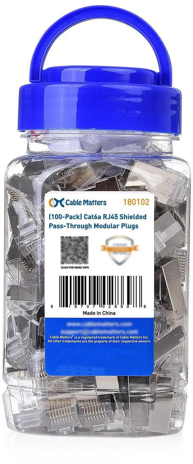 Main image of Cable Matters 100-Pack Cat 6A Shielded Pass Through RJ45 Connectors, 50µ Gold Plated (Cat 6A Ends /Cat6A Connector/Shielded RJ45 Connector/Ethernet Ends) for Solid or Stranded S/FTP Ethernet Cable