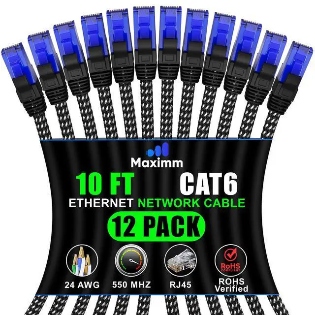 Main image of Maximm Cat 6 Ethernet Cable 10 ft, Braided Network Cable Cat6 with RJ45 connectors, Gigabit LAN Cable 1000 Mbps High-Speed Internet, Black (12 Packs)